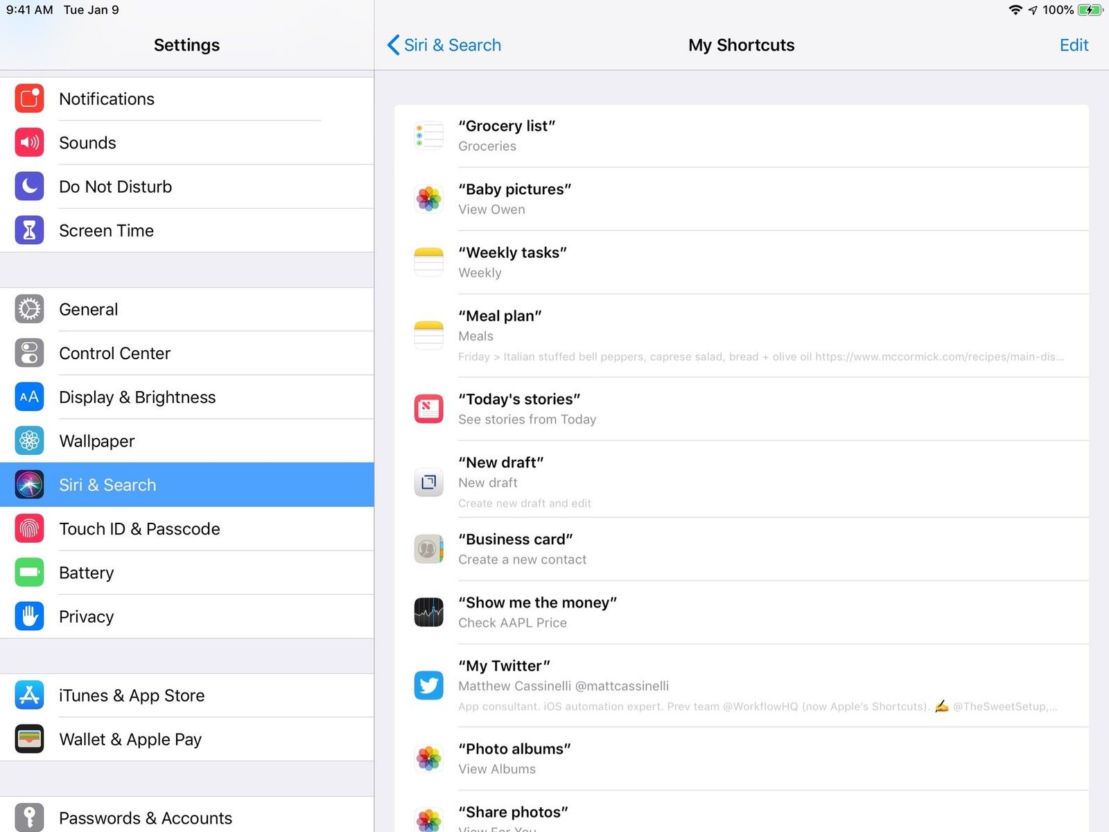 Примеры ранее созданных голосовых команд для ярлыков на автора's device