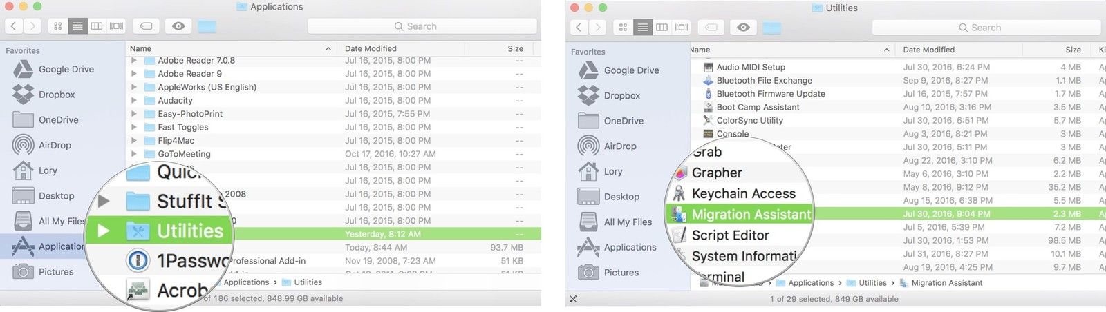 Дважды щелкните папку «Утилиты», затем дважды щелкните «Ассистент миграции».