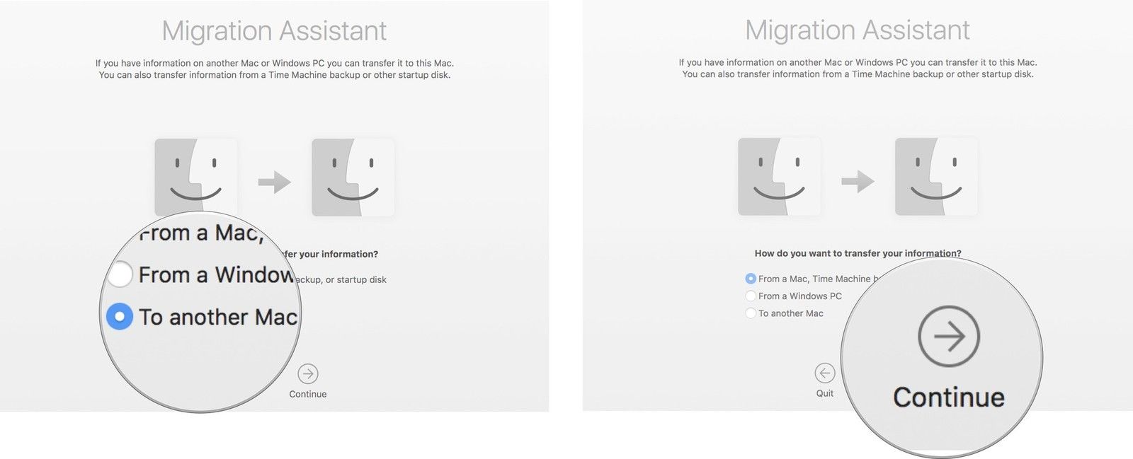 Выберите новый Mac, затем нажмите «Продолжить»