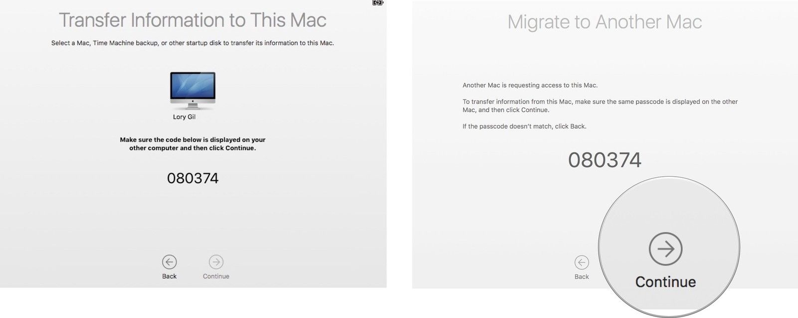 Подтвердите код на старом Mac, затем нажмите Continue