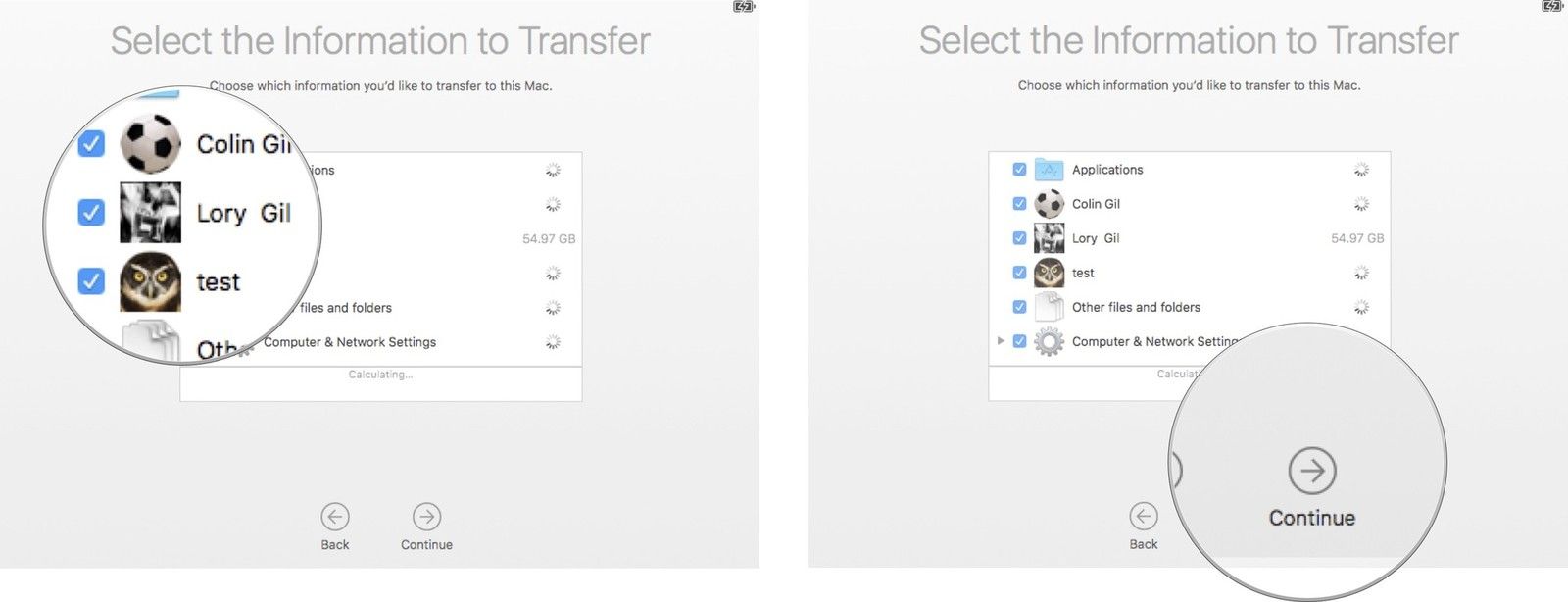 Выберите файлы и папки, которые вы хотите перенести на новый Mac, затем нажмите «Продолжить».