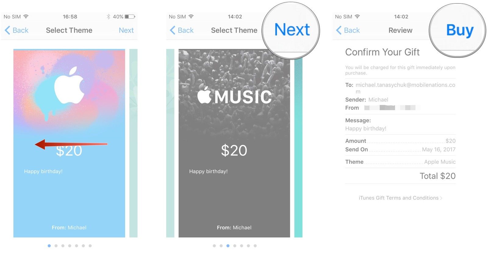 Проведите пальцем, чтобы выбрать тему, нажмите «Далее», нажмите «Купить».