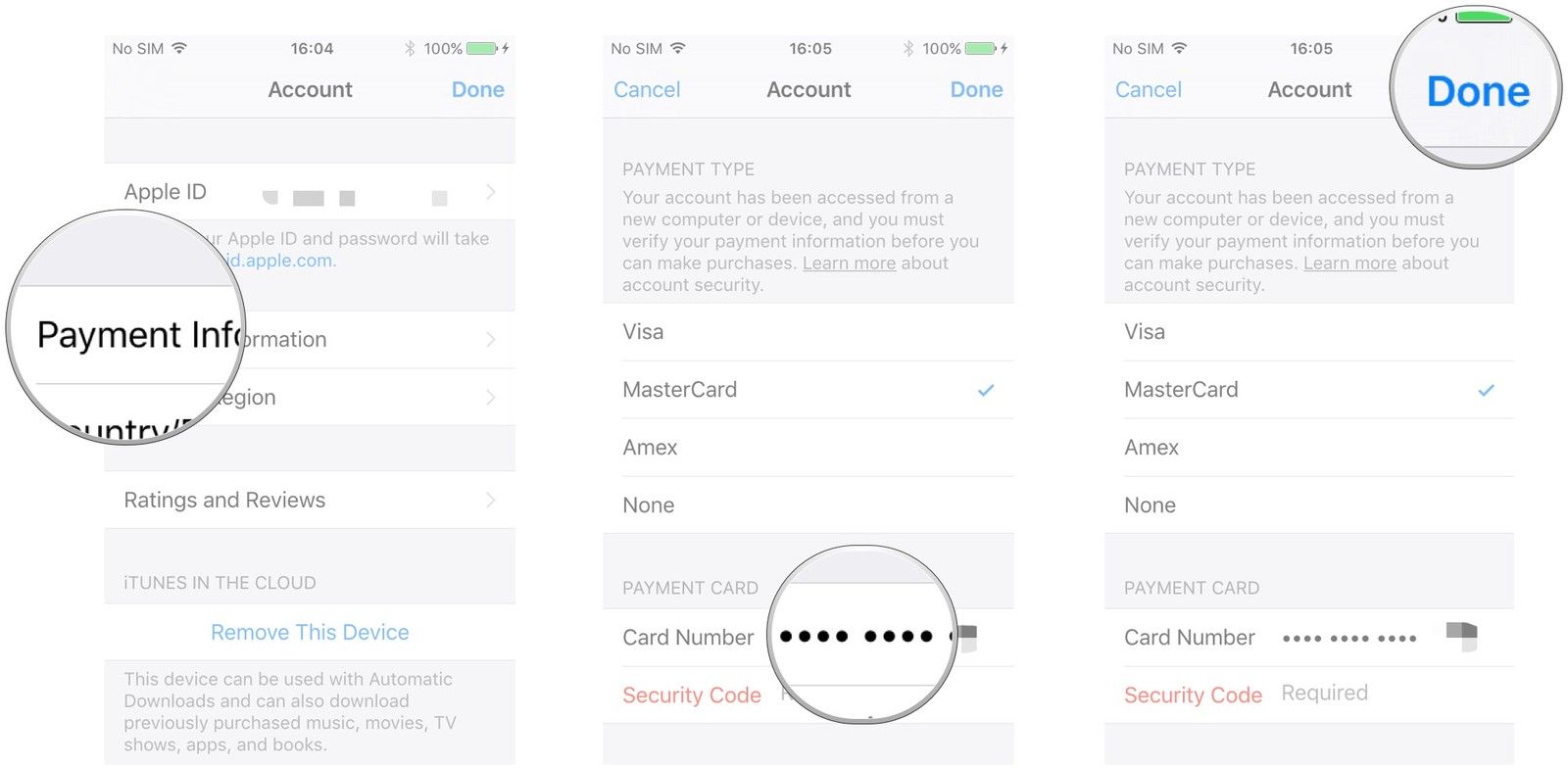 Нажмите Информация об оплате, введите данные своей кредитной карты, нажмите Готово.