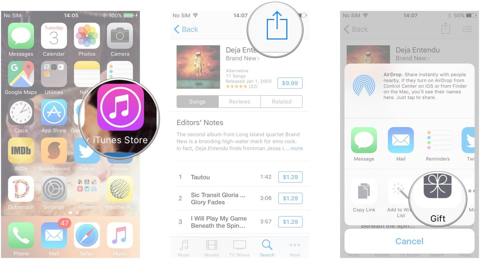 Запустите iTunes Store, перейдите к медиафайлу, который хотите отправить в подарок, нажмите кнопку «Поделиться листом», нажмите «Подарок».