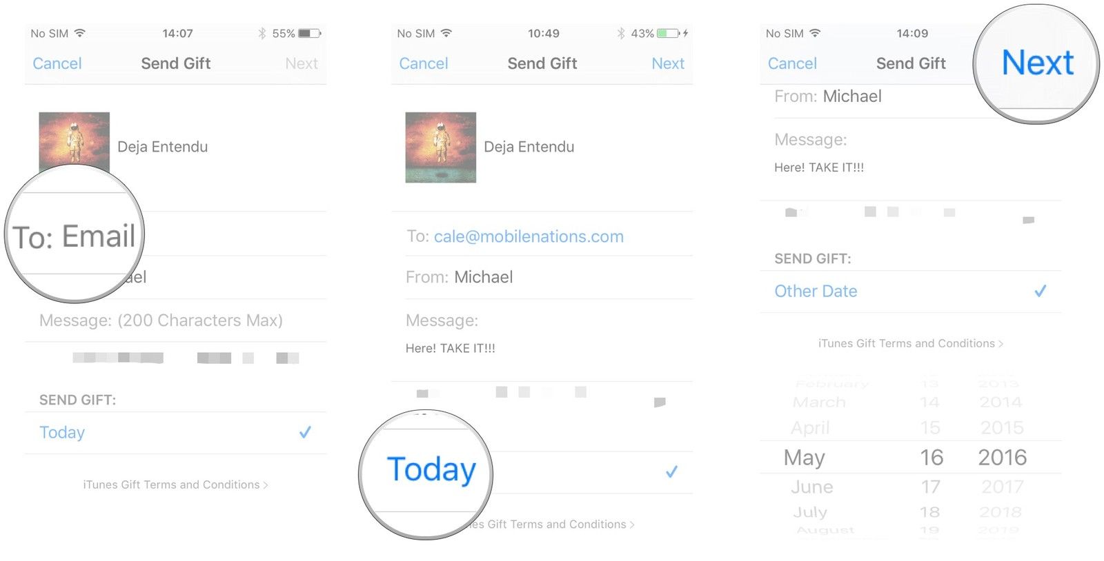 Введите адрес электронной почты и сообщение, если хотите, нажмите «Сегодня», чтобы выбрать другую дату, проведите пальцем вверх и вниз по средству выбора, чтобы изменить дату, нажмите «Далее».