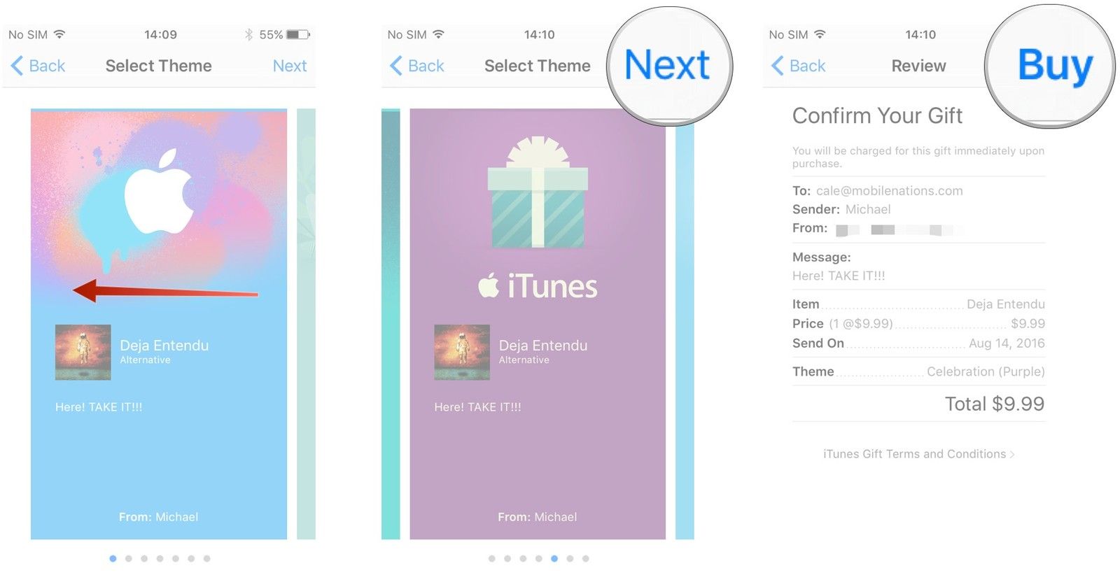 Проведите пальцем, чтобы выбрать тему, нажмите «Далее», нажмите «Купить».