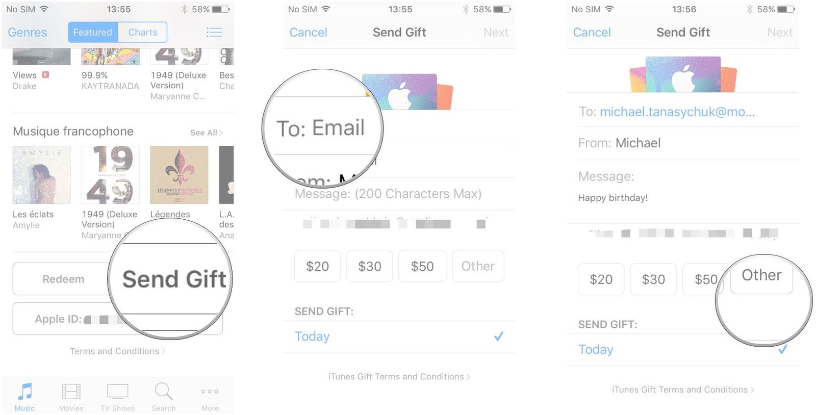 Прокрутите в самом низу, нажмите «Отправить подарок», введите адрес электронной почты и сообщение, если хотите, нажмите и введите сумму или введите свой, нажав «Другой».