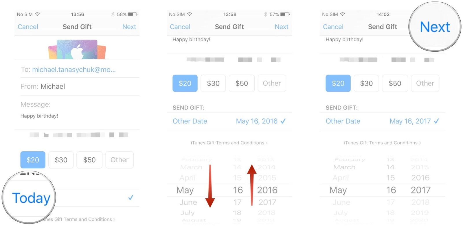 Нажмите «Сегодня», проведите пальцем вверх и вниз по средству выбора, чтобы изменить дату, нажмите «Далее».