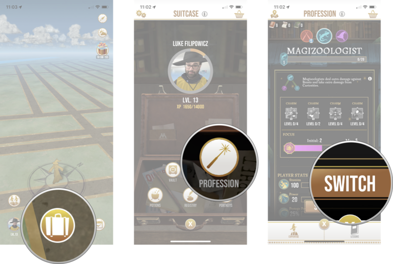 Запустите Harry Potter: Wizards Unite на главном экране, нажмите на чемодан, нажмите на профессии, а затем нажмите на профессию, которой вы хотите стать.