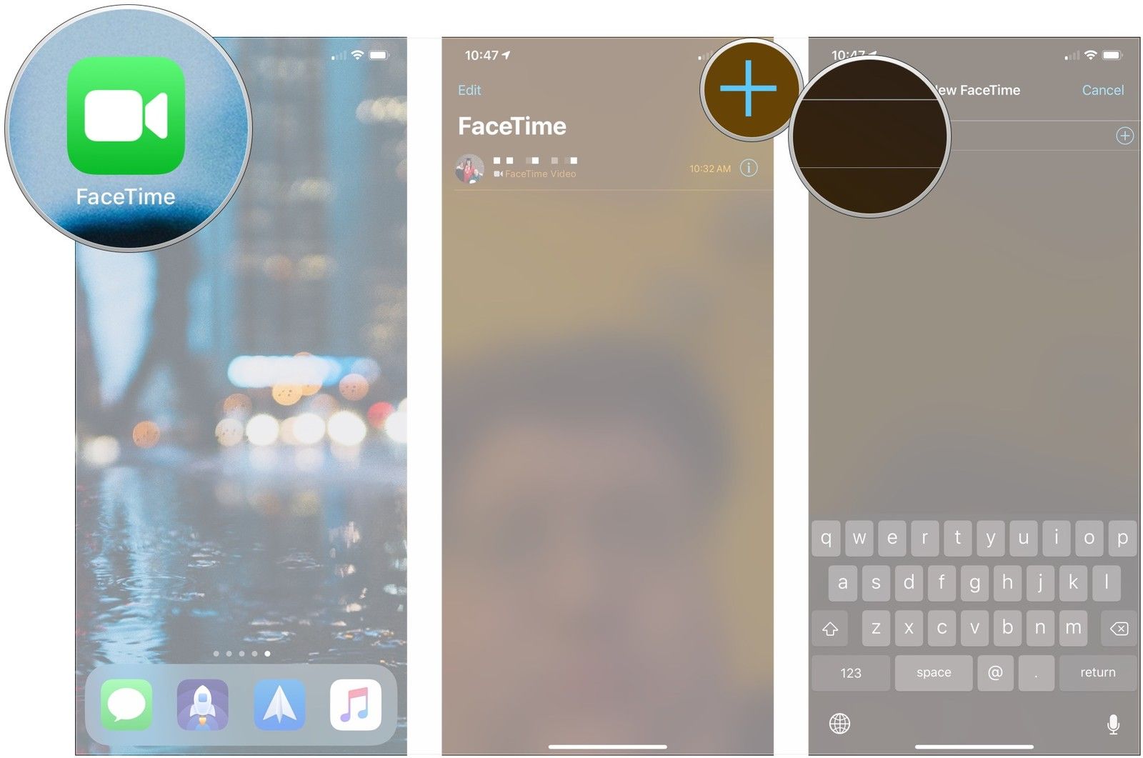Откройте FaceTime, нажмите +, введите имя или номер