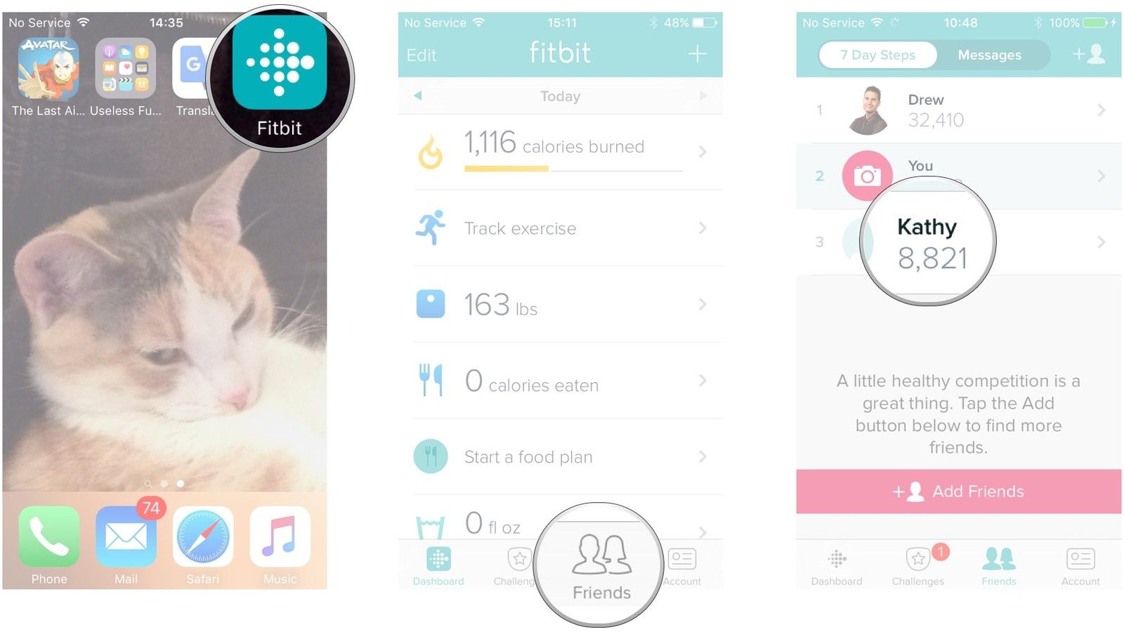 Запустите Fitbit, коснитесь друзей, коснитесь друга