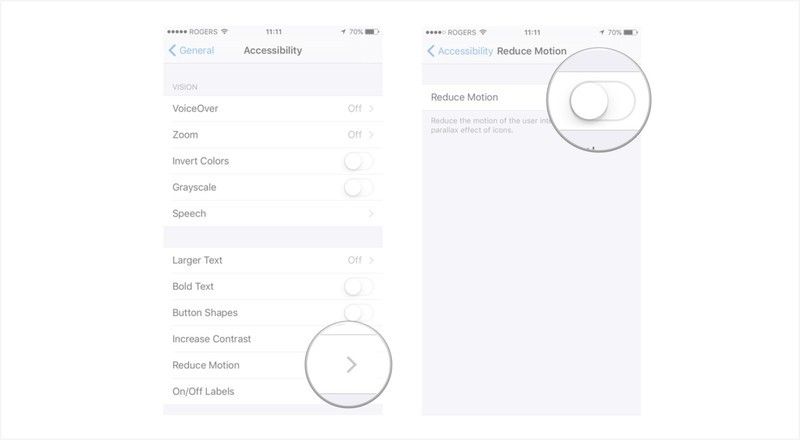 Нажмите на стрелку «Уменьшить движение» и переключите ползунок «Уменьшить движение».