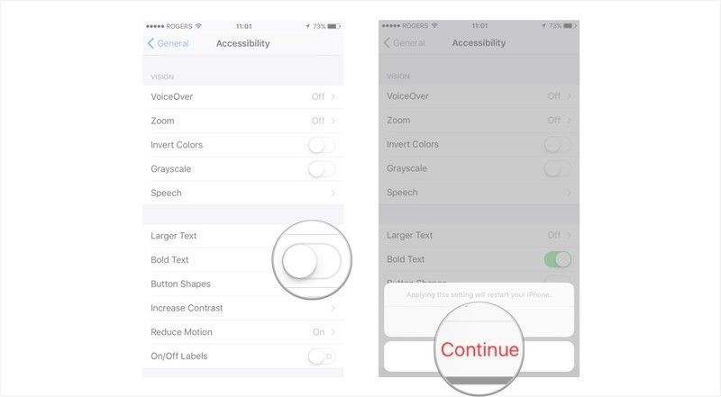 Нажмите на увеличенный текст, включите большие размеры специальных возможностей и перетащите ползунок, чтобы настроить размер.