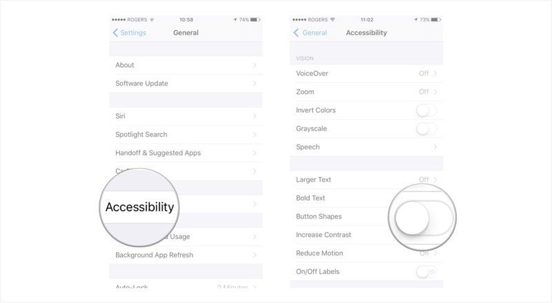 Нажмите на Доступность и включите формы кнопок.