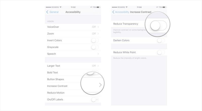 Нажмите на стрелку увеличения контрастности и переключите соответствующий ползунок.