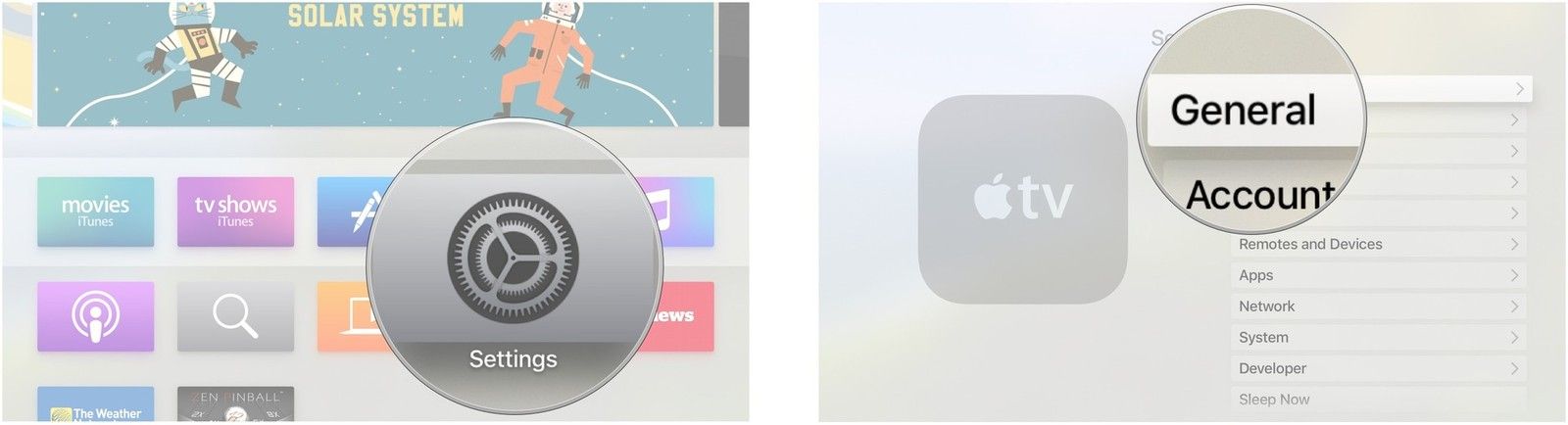 Выберите настройки на главном экране вашего Apple TV, а затем выберите общие.