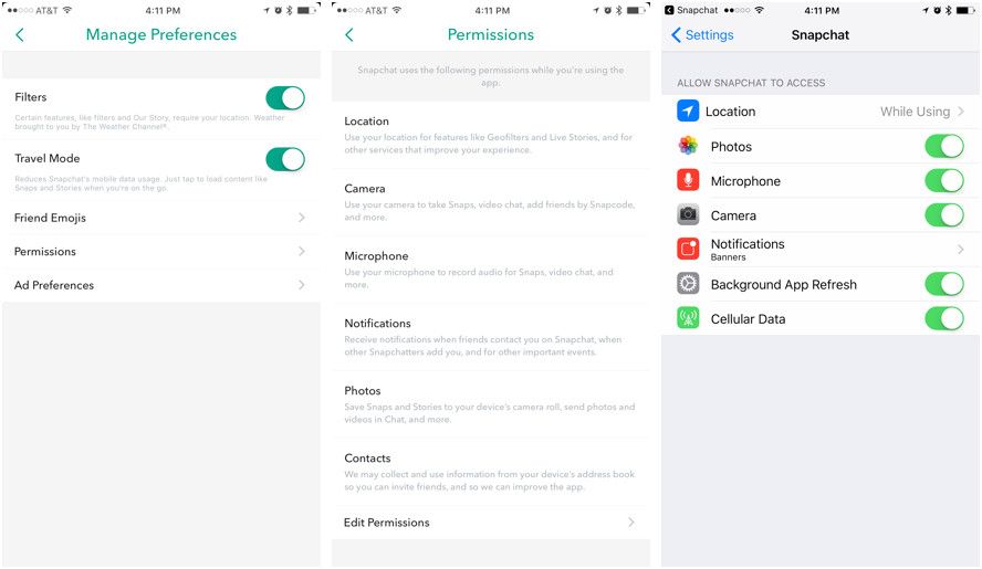 Настройка разрешений геолокации в Snapchat и iOS