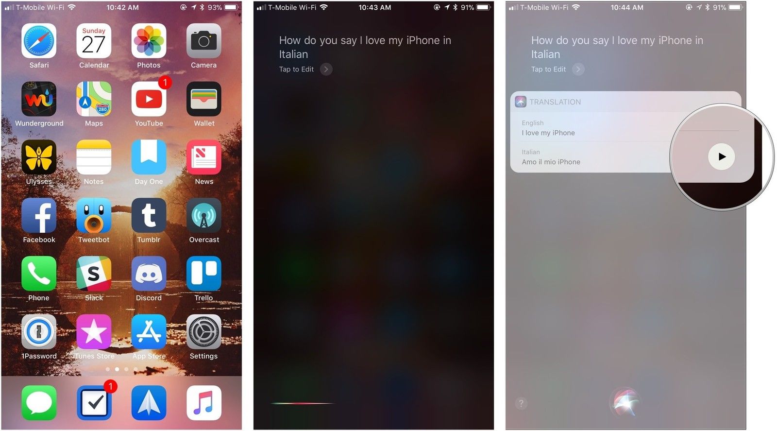 Активируйте Siri, скажите, что вы хотите перевести, нажмите кнопку воспроизведения