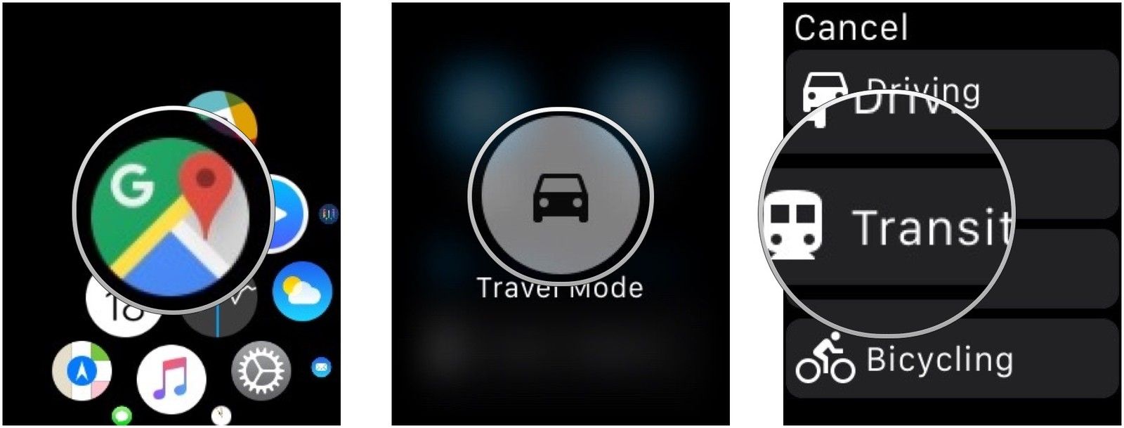 Переход в транзитный режим в Google Maps