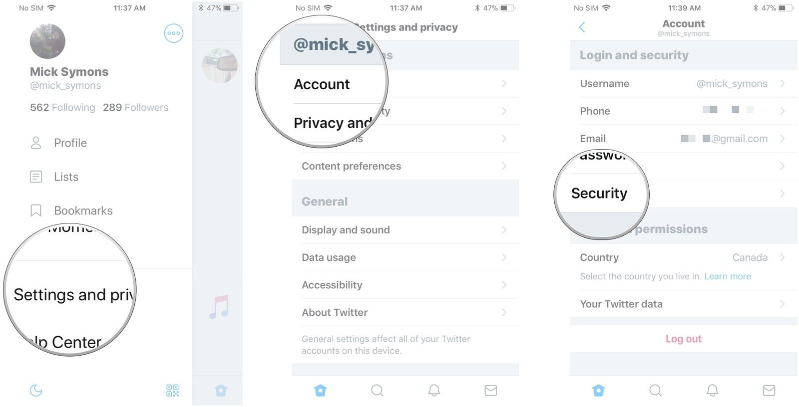 Нажмите Настройки и конфиденциальность, нажмите Учетная запись, нажмите Безопасность