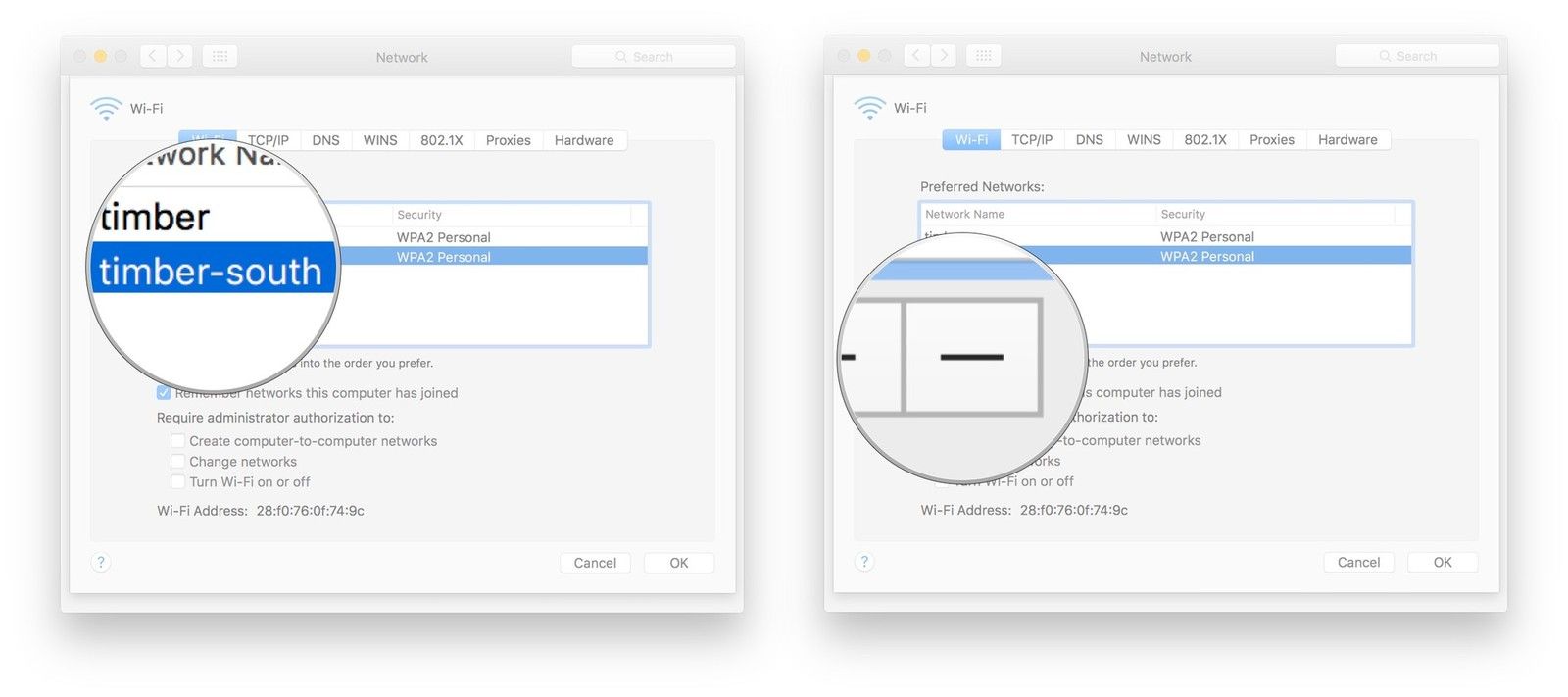 Выберите сети, которые вы хотите забыть, и нажмите кнопку -.