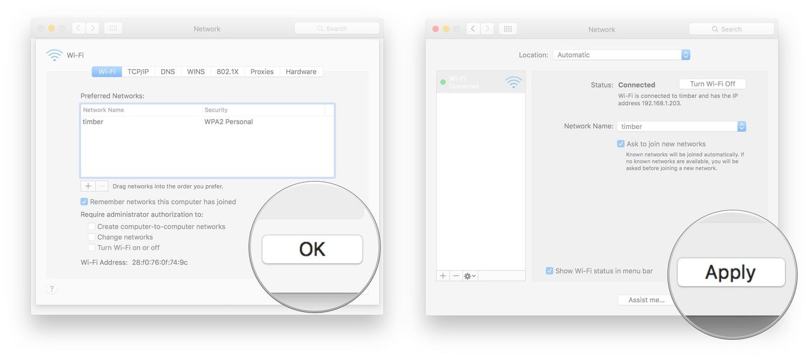 Нажмите OK, а затем нажмите Применить.