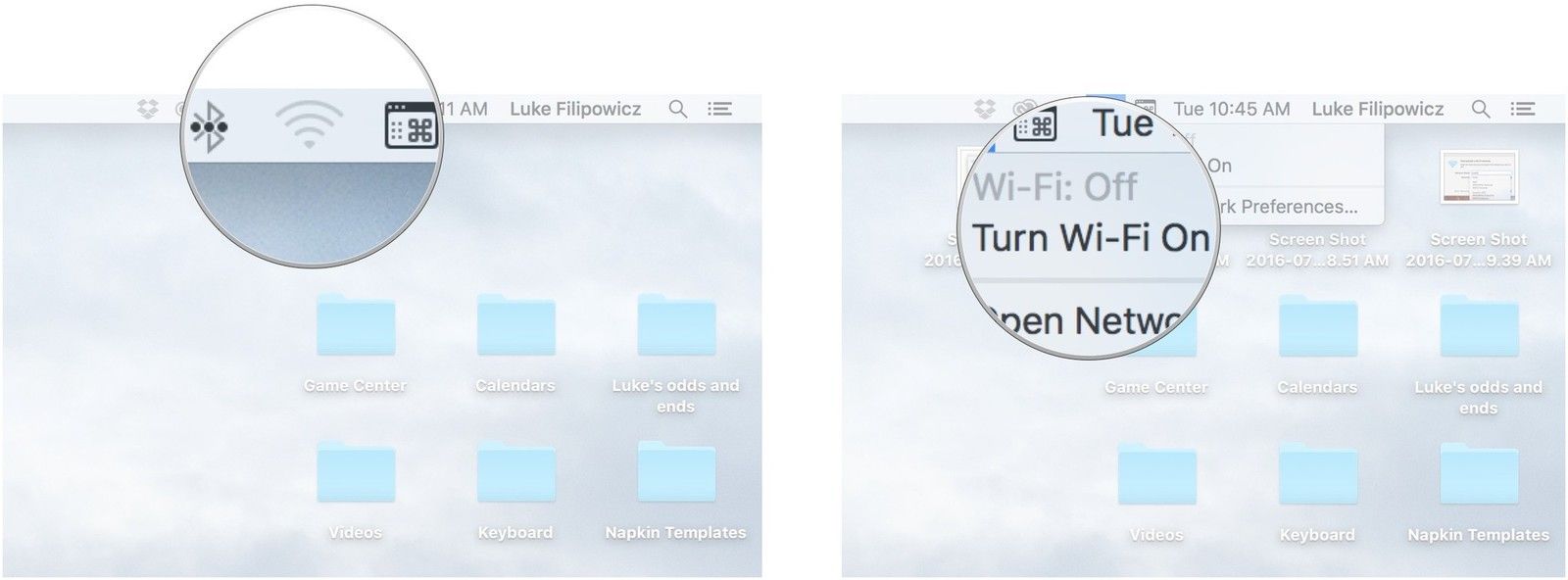 Нажмите значок Wi-Fi в строке меню, а затем нажмите «Включить Wi-Fi».