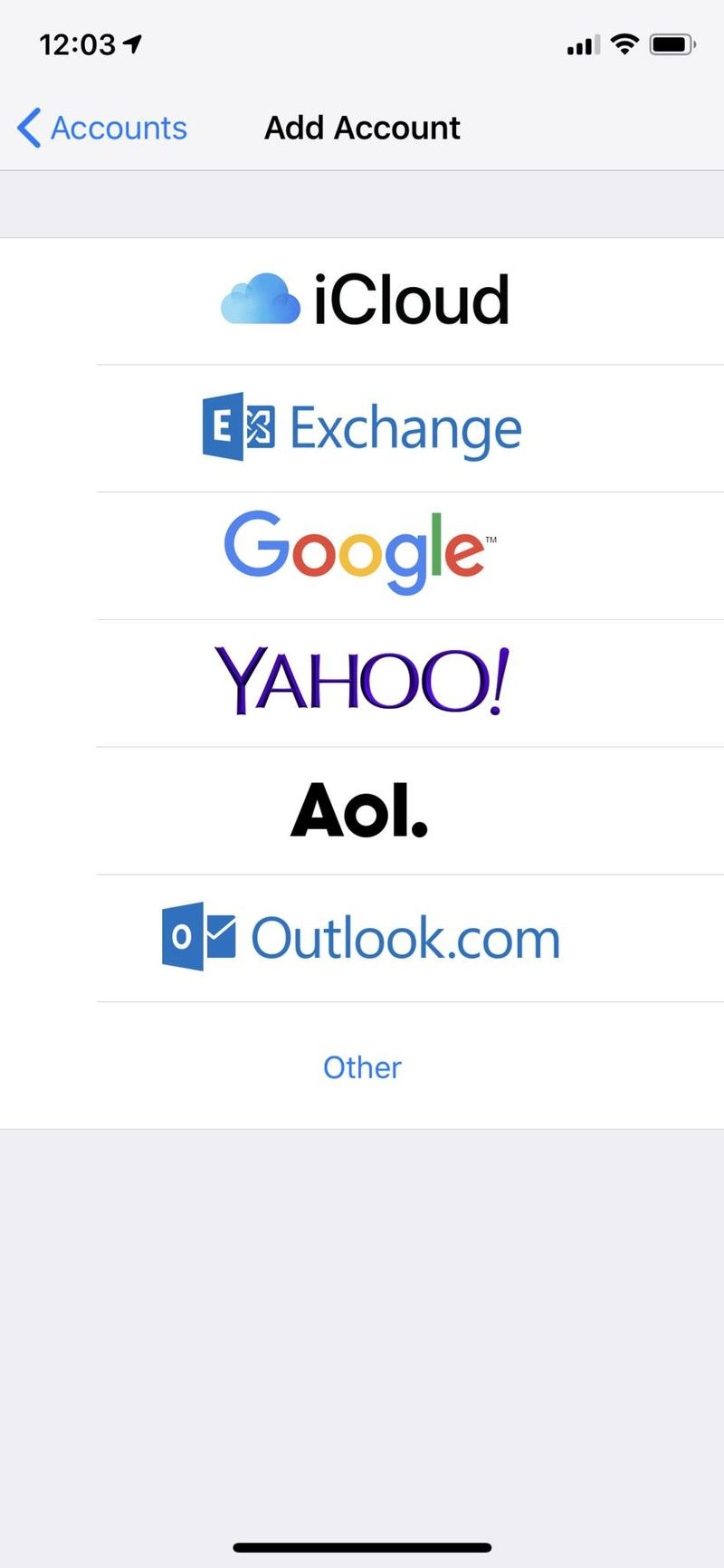 Настройки iOS выбирают провайдера аккаунта