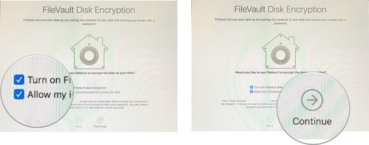Установите флажок для синхронизации FileVault, затем установите флажок Разрешить Apple ID разблокировать FileVault, затем нажмите Продолжить