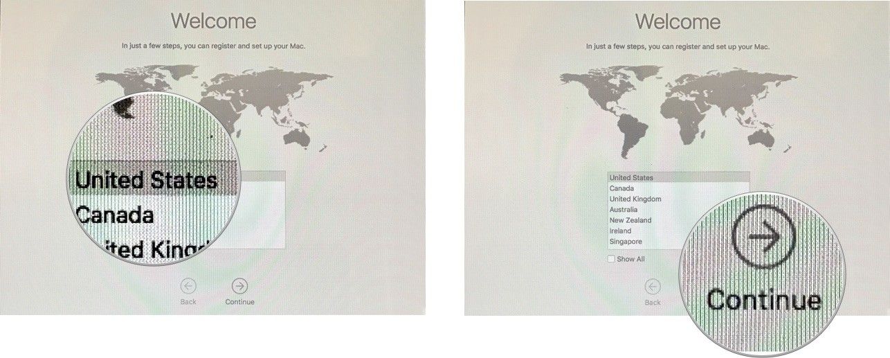 Выберите страну, затем нажмите «Продолжить»