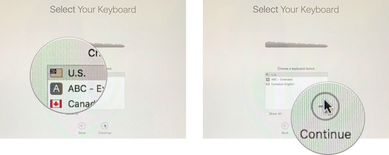 Выберите язык клавиатуры, затем нажмите «Продолжить»