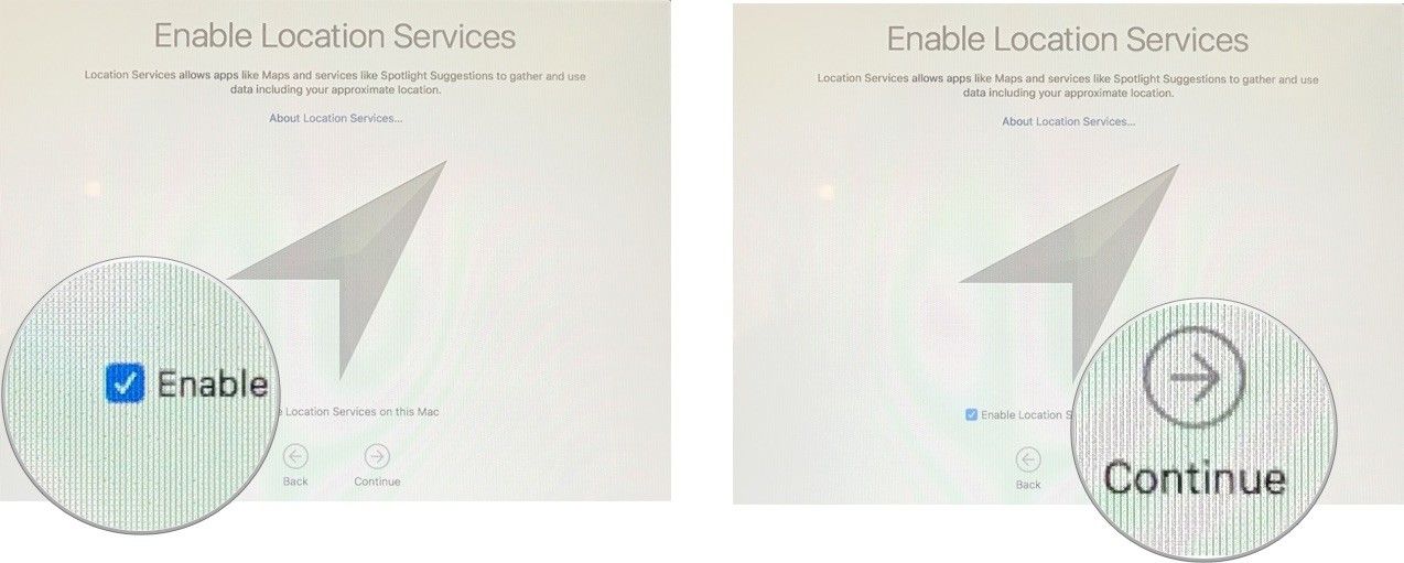 Выберите Включить службы определения местоположения, затем нажмите «Продолжить».