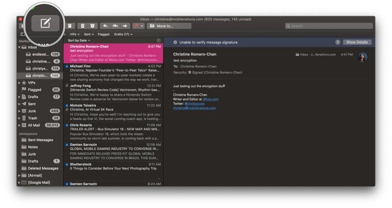 MacOS Mojave Mail Составить кнопку