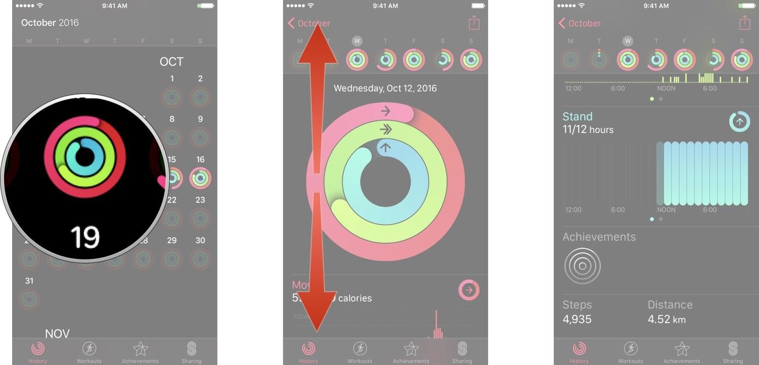 Нажмите в любой день и прокрутите вверх или вниз, чтобы просмотреть все записанные данные из часов's Activity and Workout apps.