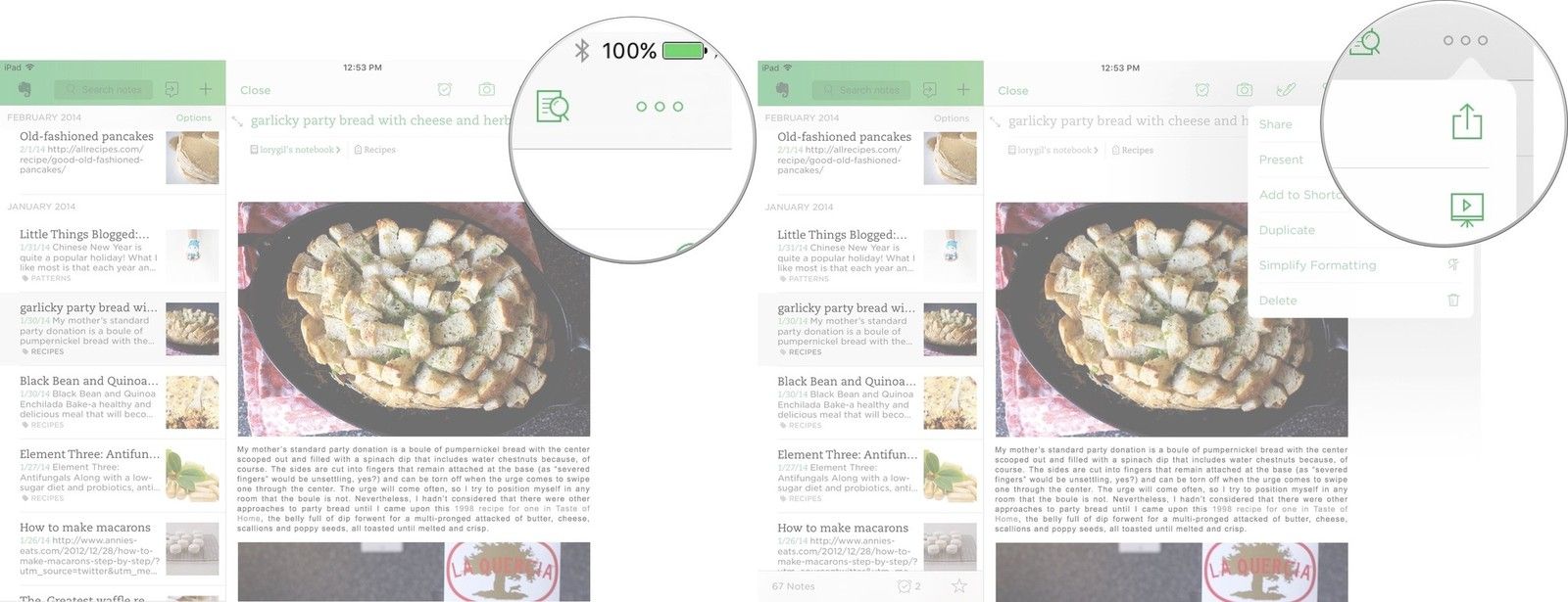 Открытие окна &laquo;Поделиться&raquo; в Evernote на iPad
