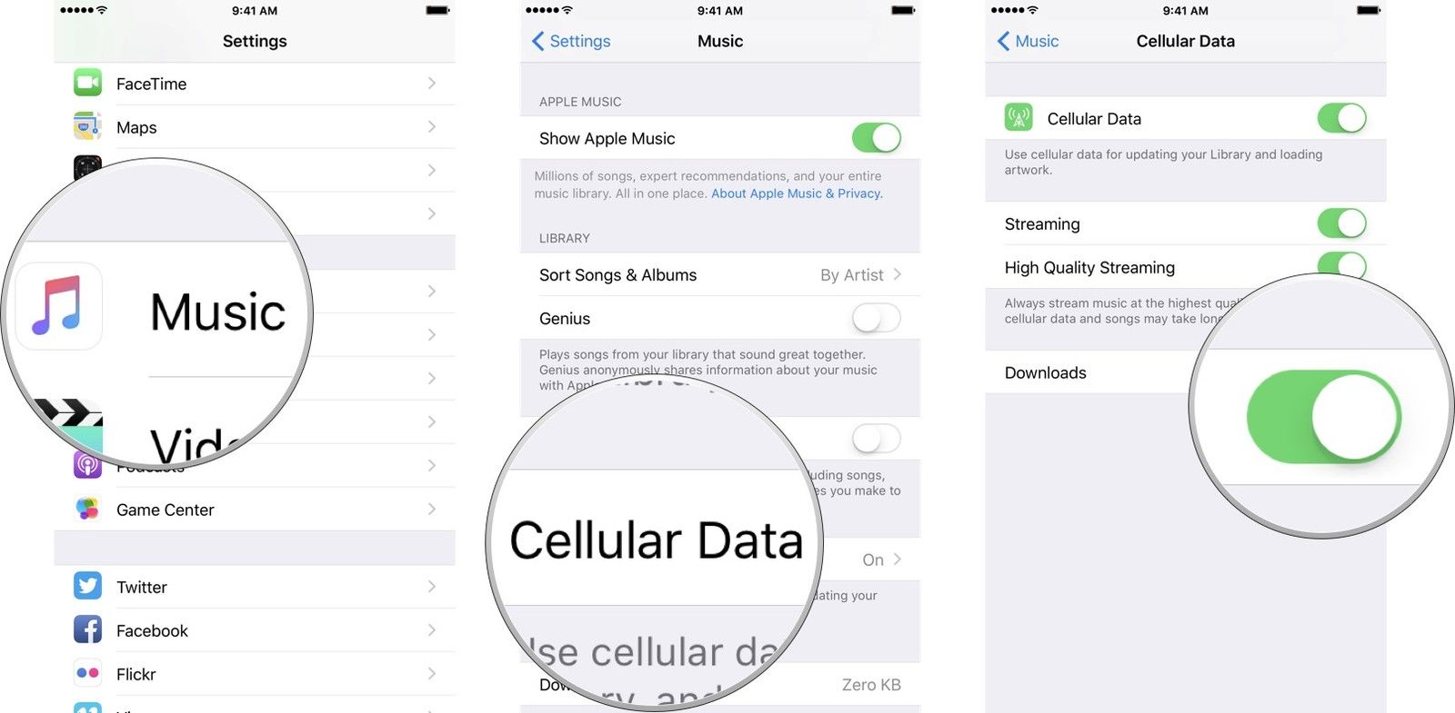 Запустите приложение настроек, коснитесь музыки, коснитесь сотовых данных и коснитесь переключателя Вкл / Выкл рядом с Загрузками.