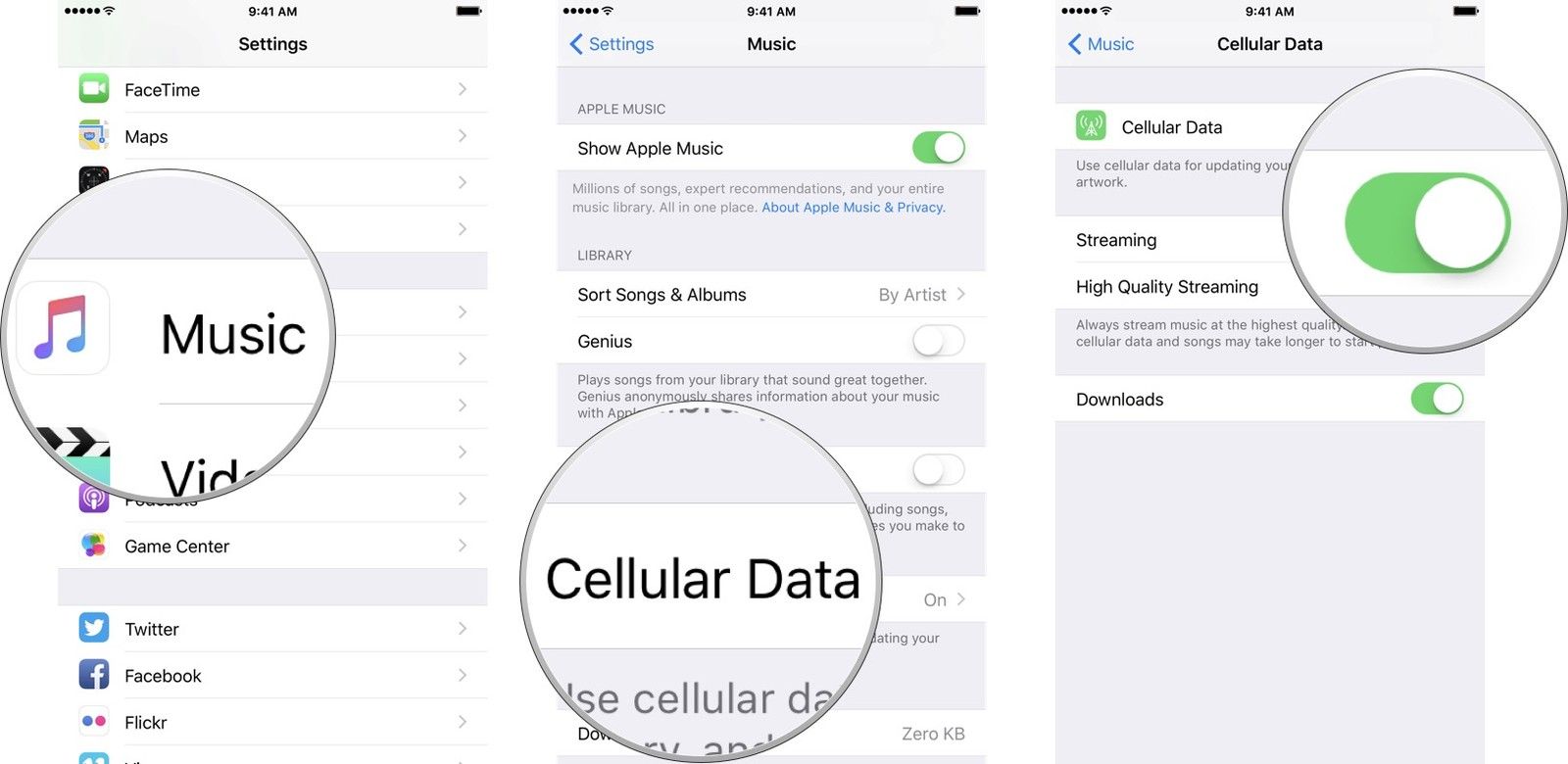 Запустите приложение настроек, коснитесь музыки, коснитесь сотовых данных и коснитесь переключателя «Вкл / Выкл» рядом с «Потоковая передача».