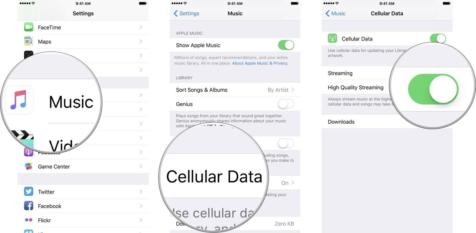 Запустите приложение настроек, коснитесь музыки, коснитесь данных сотовой связи и коснитесь переключателя «Вкл. / Выкл.» Рядом с «Потоком высокого качества».