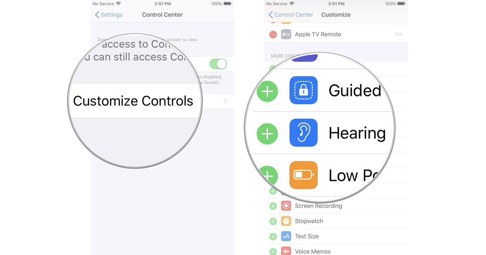 Нажмите «Настроить элементы управления», затем нажмите «Слух»