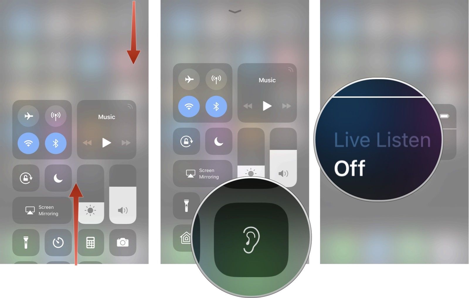 Запустите Центр управления, затем нажмите значок «Live Listen», затем нажмите «Live Listen», чтобы включить его.