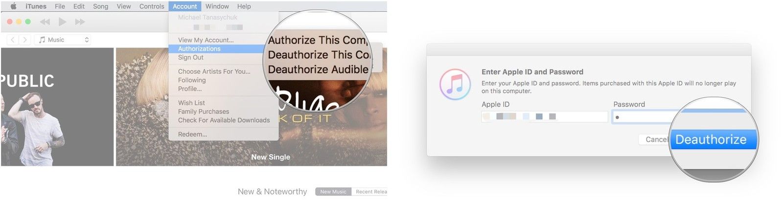Нажмите &laquo;Деавторизовать этот компьютер&raquo;, введите свой Apple ID и пароль, нажмите &laquo;Деавторизовать&raquo;.