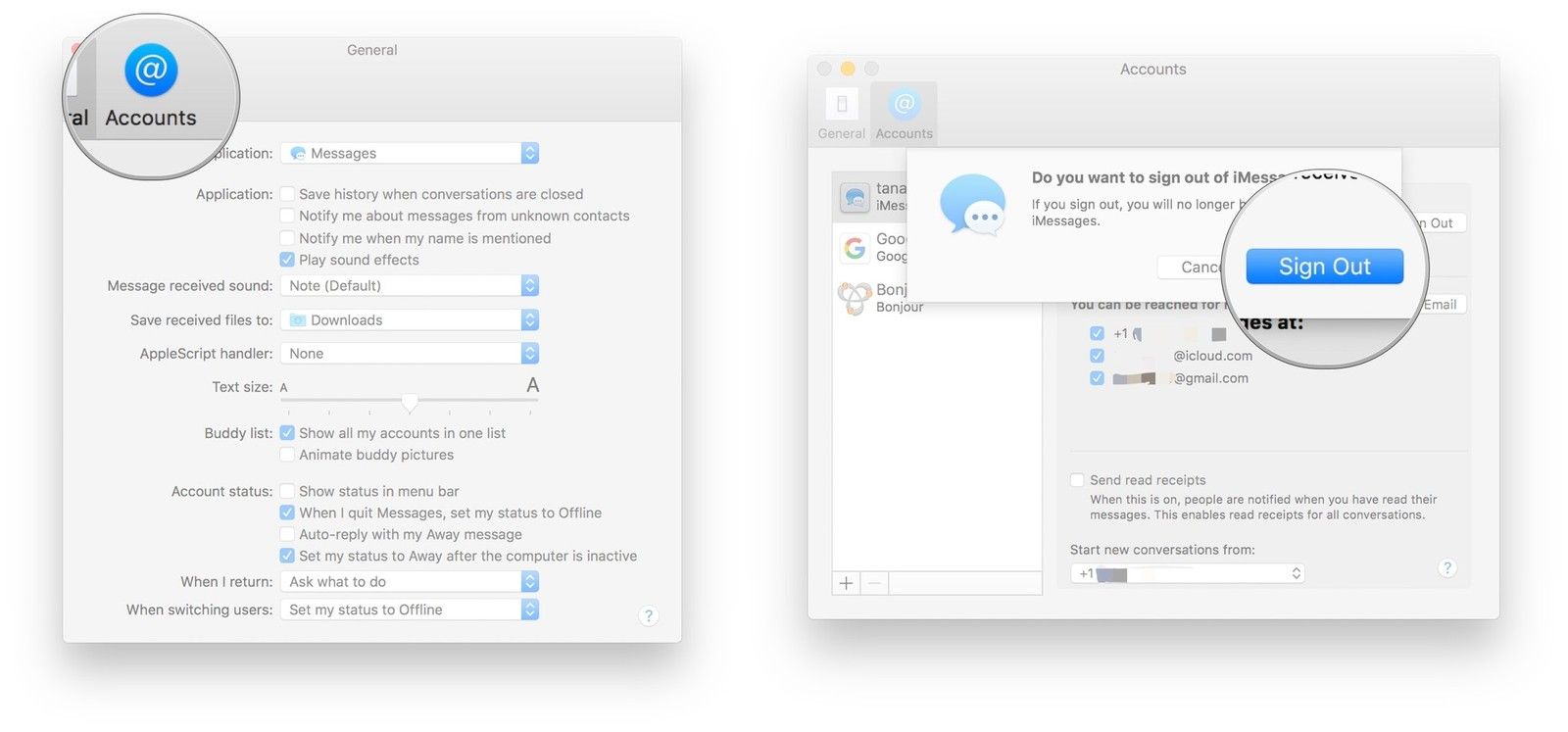 Нажмите &laquo;Аккаунты&raquo;, &laquo;Аккаунт&raquo;, &laquo;Выйти&raquo;, &laquo;Выйти&raquo;.