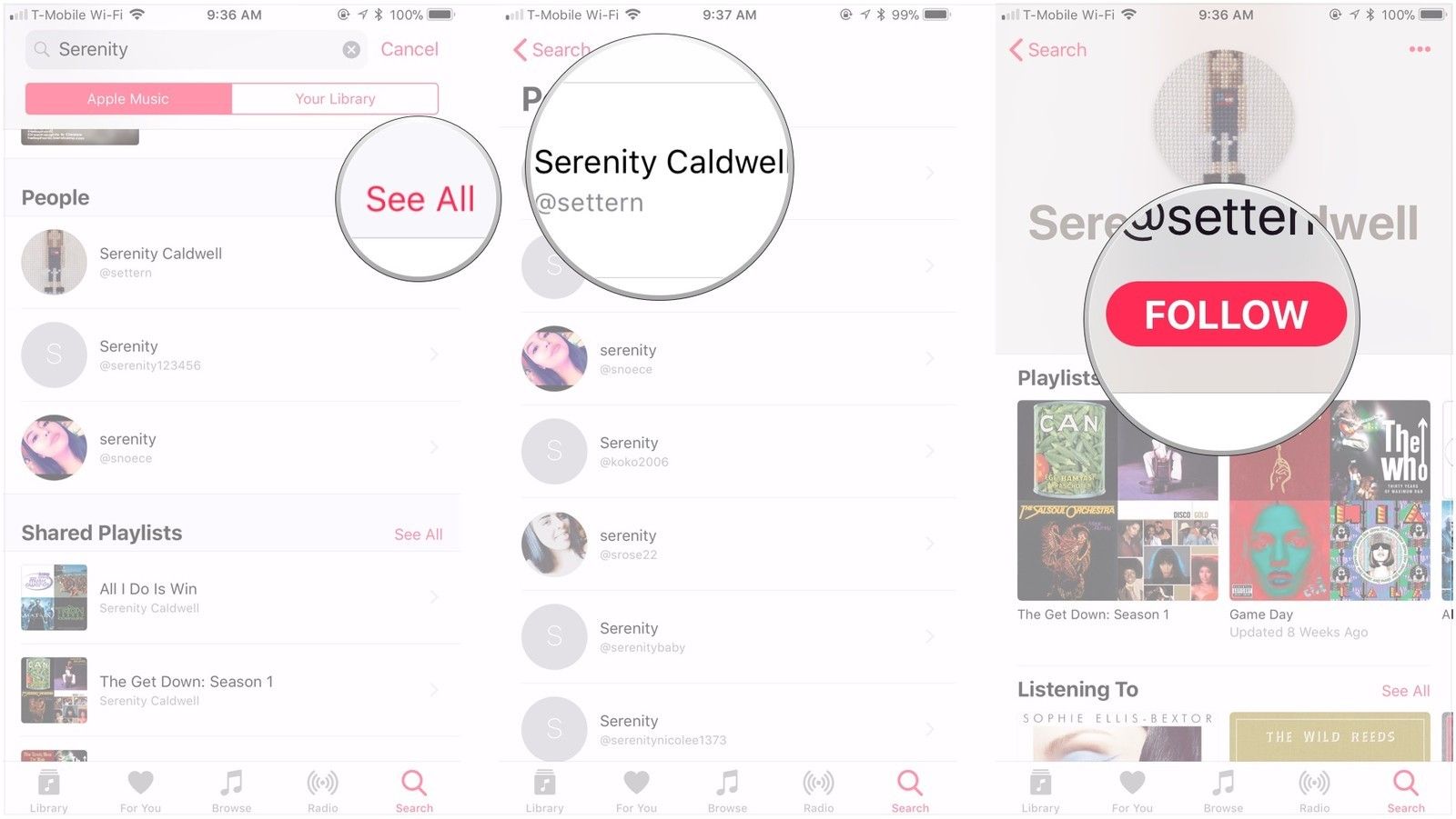 Нажмите Посмотреть все, нажмите друг's name, tap Follow