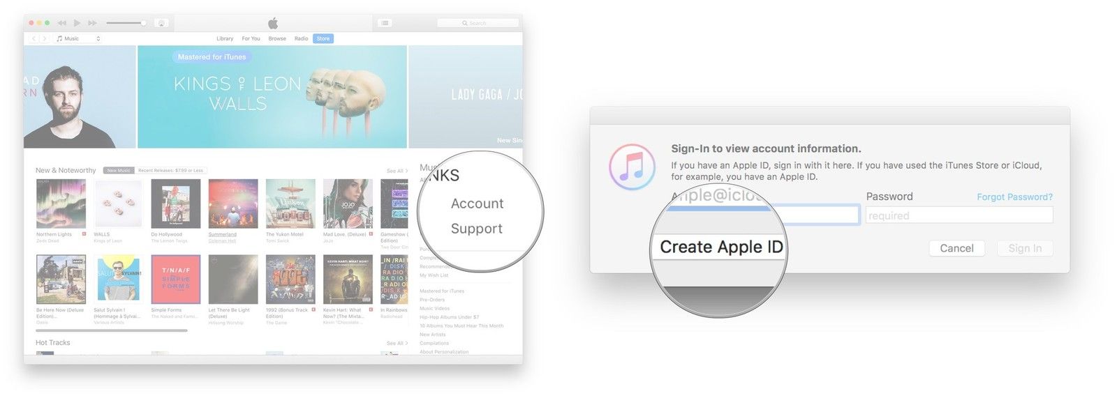 Нажмите «Аккаунт» в разделе «Быстрые ссылки на музыку», нажмите «Создать Apple ID».