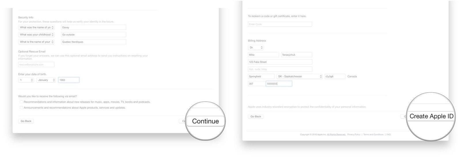 Введите свою информацию, нажмите «Продолжить», введите свою платежную информацию, нажмите «Создать Apple ID»