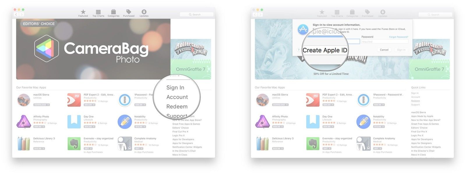 Нажмите «Аккаунт» под «Быстрые ссылки», нажмите «Создать Apple ID»