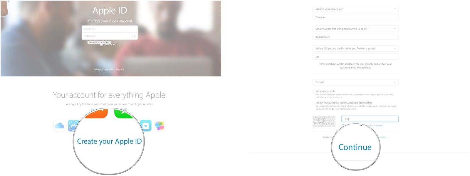 Нажмите «Создать свой Apple ID», введите свои данные, нажмите «Продолжить».
