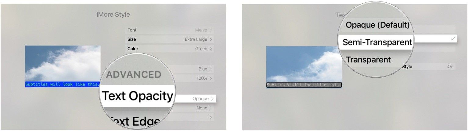 Выбор непрозрачности текста для закрытых титров на Apple TV