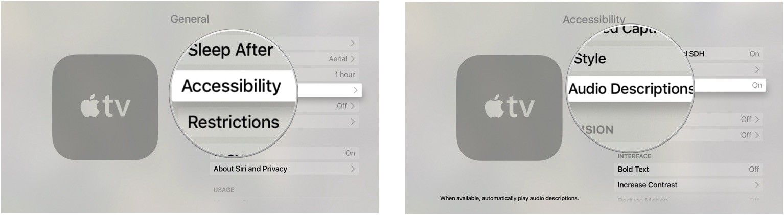 Включение аудио описания на Apple TV