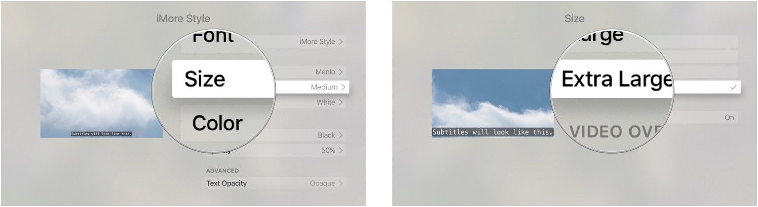 выбор размера шрифта для скрытых титров на Apple TV